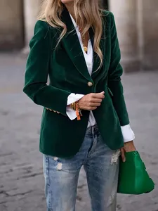 Women's Slim Fit Polyester Velvet Blazer Jacket Notch Lapel Single Button Elegant Long Sleeve Business Casual Top