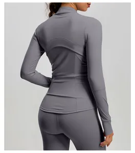 Detailed back view of a grey slim-fit stand-up collar yoga sports jacket for women's fitness