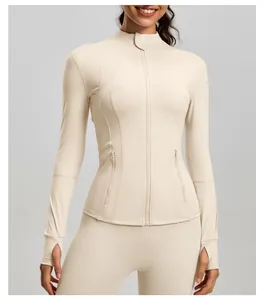 Full front view of a slim-fit stand collar yoga jacket with thumbholes in cream beige