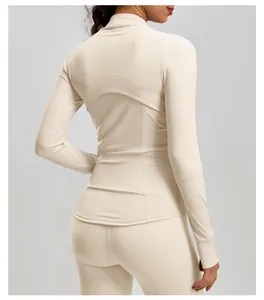 Back view of a slim fit stand collar yoga jacket with curved stitching detail