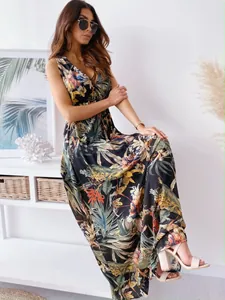 Elegant tropical floral print maxi dress with V-neck and sleeveless cut for summer.