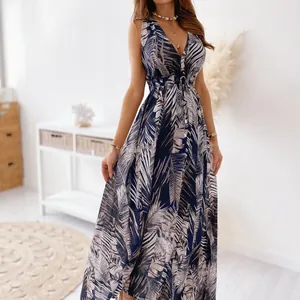 Women Boho Floral Print V Neck Sleeveless Maxi Dress Backless Tie Up Summer Beach Vacation Long Top Dress