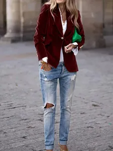 Elegant burgundy velvet slim-fit blazer jacket for women, stylish street style fashion.