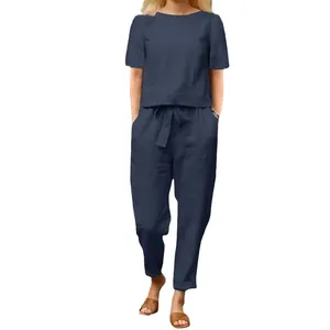 Elegante completo due pezzi in cotone e lino blu navy con top scollo a O e pantaloni larghi