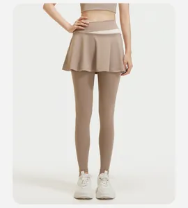 Leggings con gonna da yoga a vita alta con un design a due pezzi sovrapposto beige
