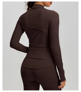 Back view of slim-fit dark brown athletic jacket with stand collar and thumbholes