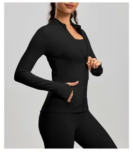 Close-up of black slim-fit yoga jacket with stand collar and front zipper detail.