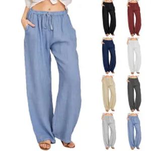 High-waisted wide-leg drawstring casual linen pants for women in multiple solid colors