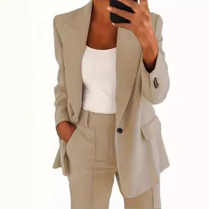Elegantes Damen-Hosenanzug-Set mit schmal geschnittenem Blazer und Hose in Khaki