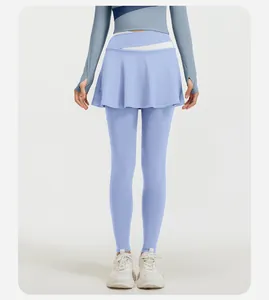 Vista frontale professionale di leggings gonna da yoga due pezzi azzurro a vita alta