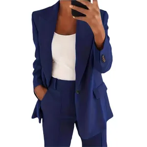 Elegantes dunkelblaues, schmal geschnittenes Damen-Blazer-Anzugset