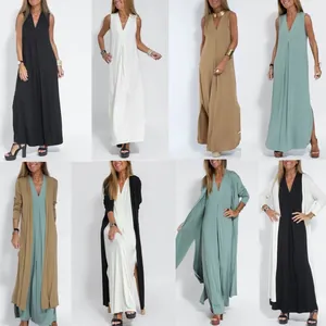 Abito Lungo Senza Maniche con Scollo a V Casual da Donna Tinta Unita a Pieghe in Poliestere con Cardigan Lungo Set per l'Estate
