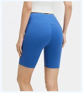 Detailed back view of high-waisted blue yoga shorts with functional side pockets