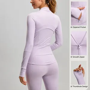 Lavender zip-up yoga jacket with stand collar and thumbholes shown from the back