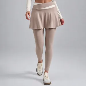 Legging-Jupe de Yoga pour Femmes Taille Haute Faux Deux-Pièces Color Block Pantalon de Sport Fitness Course à Pied