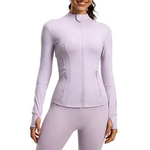 Slim fit lavender yoga jacket with stand collar and thumb holes for women sports