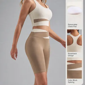 Two-piece color block yoga set with sports bra and shorts in beige and brown