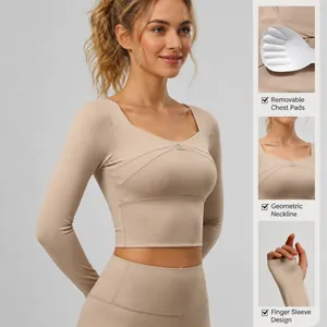 Slim fit long sleeve cropped yoga top with removable chest pads and thumbhole design