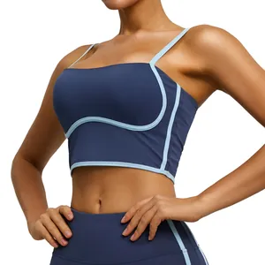 Dunkelblauer Sport-BH mit hellblauen Streamline-Besatz für Yoga und Fitnesstraining