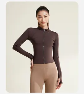 Veste de yoga marron ajustée avec fermeture éclair et passe-pouces pour femmes