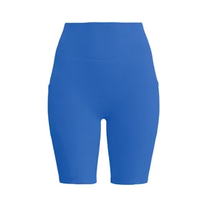High-waisted royal blue yoga shorts with side pockets and striped texture detailing
