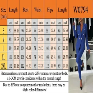 Detailed size chart for women's slim fit blue blazer suit with CM and Inch measurements