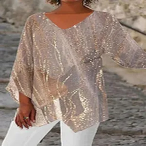 Detailed view of women's elegant sequined V-neck loose-fitting top in champagne gold