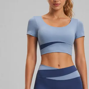 Women Slim Fit Color-Block Yoga Top With Built-In Chest Pads Naked Feel Short Sleeve Athletic Gym Running Workout Shirt