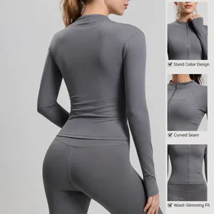 Veste de yoga moulante à manches longues avec col montant et passe-pouces, gris
