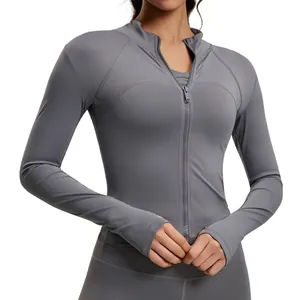 Veste de yoga grise ajustée avec fermeture éclair et passe-pouces