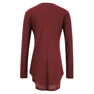 Back view of maroon long sleeve top with stylish asymmetrical curved hemline