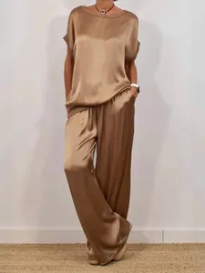 Women Casual Satin Finish Top And Bottom Short Sleeve Round Neck Shirt And High Waist Wide Leg Drawstring Long Pants