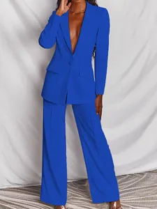 Elegant koningsblauw tweedelig blazerpak voor dames, professionele kantoorkleding mode