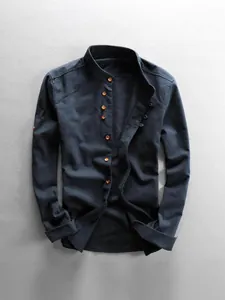 Camicia da Uomo in Stile Cinese con Collo Alto e Maniche Lunghe Top Casual in Poliestere a Tinta Unita Moda Urbana Taglie Forti