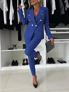 Damen Slim Fit 2-Teiliges Anzug-Set Doppelreihiger Blazer und Hose Mit Goldenen Knöpfen Elegantes Business Büro Arbeitskleidung Set