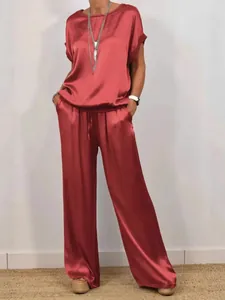 Elegant burgundy satin two-piece casual set with short sleeve top and wide-leg pants