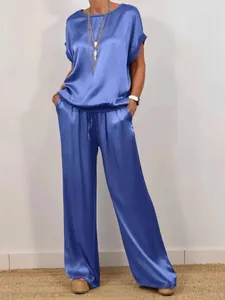 Elegant blue satin two-piece set featuring a loose top and wide-leg trousers