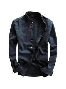 Camicia casual uomo in stile cinese a maniche lunghe con collo alla coreana e bottoni blu