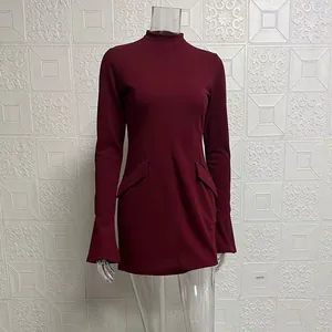 Elegant slim-fit burgundy long-sleeved mini dress featuring a mock neck and stylish bell sleeves.