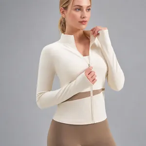 Women's Color Block Yoga Jacket Slim Fit Stand Collar Long Sleeve Sports Top With Thumbhole Quick Dry Running Fitness Jacket
