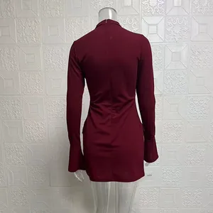 Elegant burgundy long-sleeved bodycon dress back view showing zipper and flared sleeves.