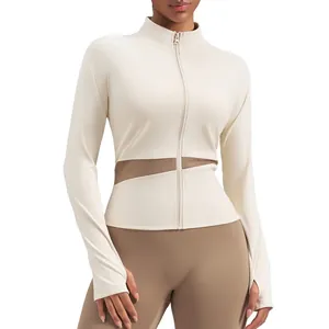 Slim-fit color-blocked yoga jacket with stand collar and thumbholes in cream white