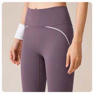 Pantaloni da yoga viola a vita alta con profili bianchi per fitness e palestra