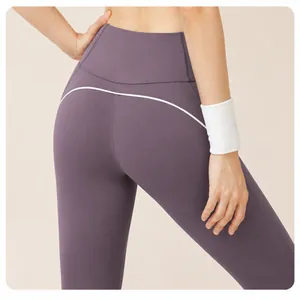 Leggings da yoga viola a vita alta senza cuciture con piping bianco per il fitness
