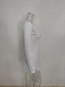 Detailed side view of a white women's V-neck lace-up long sleeve top on mannequin
