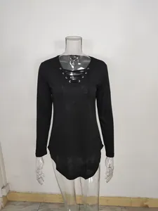 Detailed front view of a black long-sleeve V-neck lace-up T-shirt on a mannequin