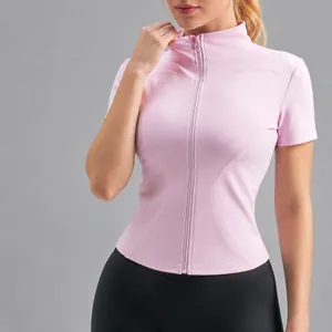 Top da Yoga a Manica Corta Con Cerniera e Collo Rialzato da Donna in Poliestere Elastan Aderente Sensazione Nuda Maglia Sportiva per Palestra Fitness