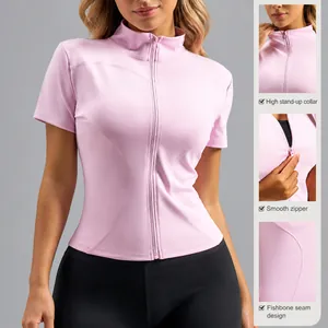 Top sportivo da yoga rosa slim fit da donna con collo alto e cerniera frontale