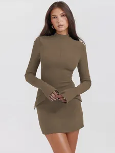 Detail showing the chic brown mock neck long sleeve bodycon mini dress for stylish autumn wear.