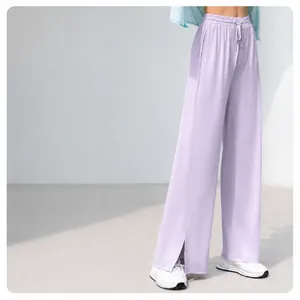 Pantalones de seda de hielo con protección solar, cintura alta y abertura